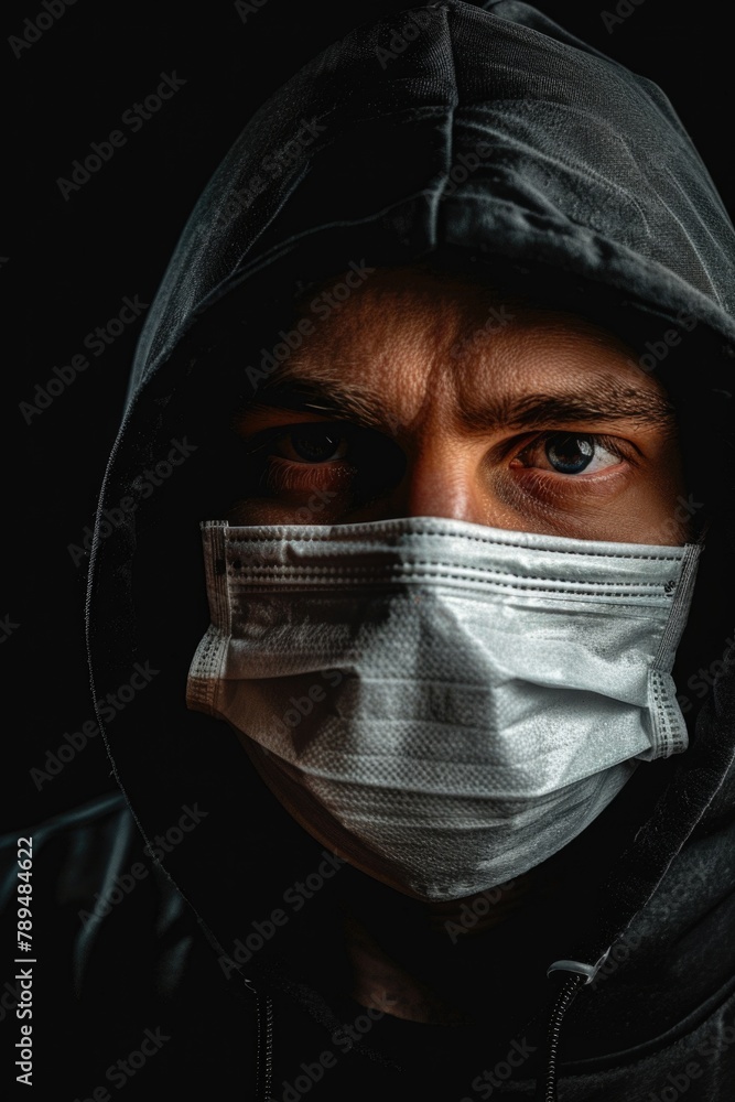Poster a man wearing a face mask in a dark setting. suitable for pandemic or safety concepts