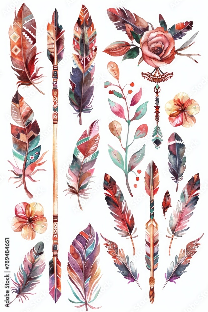 Poster a collection of colorful watercolor feathers and arrows. perfect for artistic projects