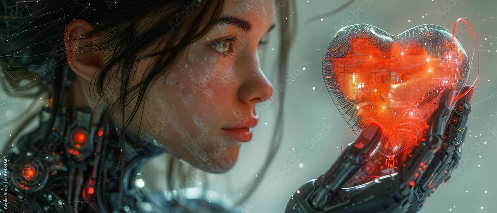 Poster a pixel heart symbol of love is held by a robot woman. vector banner for valentine's day in the styl