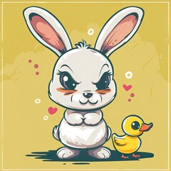 Cute cartoon bunny with duck and duckling. Vector illustration.