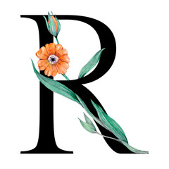 Png alphabet r sticker font floral typography