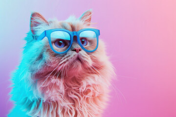 portrait of a cute persian cat wearing blue glasses on a pink and purple background