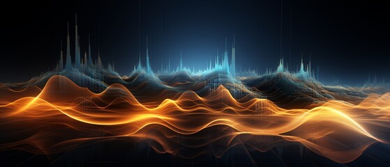 Abstract 3D audio waveforms against a dark minimalist background,