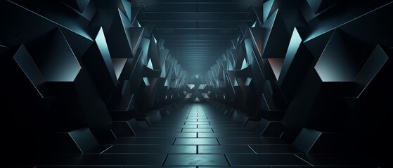 Abstract 3D geometric tunnel in minimalist dark style,