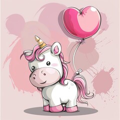 Cute cartoon unicorn with heart shaped balloon. Vector illustration.
