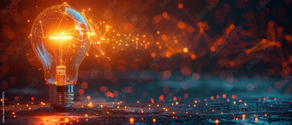 Leinwandbilder icon of a incandescent lamp. a low polygonal 3d white bright warm light on a dark background. an ide
