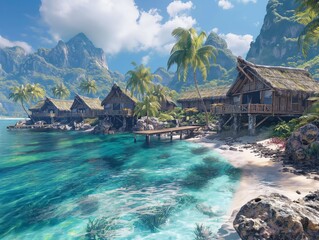 A beautiful beach with palm trees and houses. The water is clear and calm. Scene is peaceful and relaxing - obrazy, fototapety, plakaty