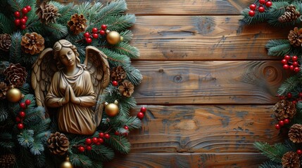 Fototapeta premium A festive Christmas wreath adorned with a beautiful angel statue. Perfect for holiday decorations