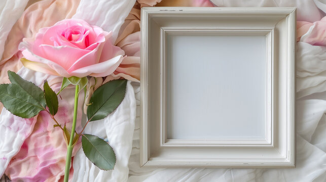 Soft Elegance - Pink Rose and White Picture Frame on Delicate Textile Background for Romantic Decor and Wedding Mockups