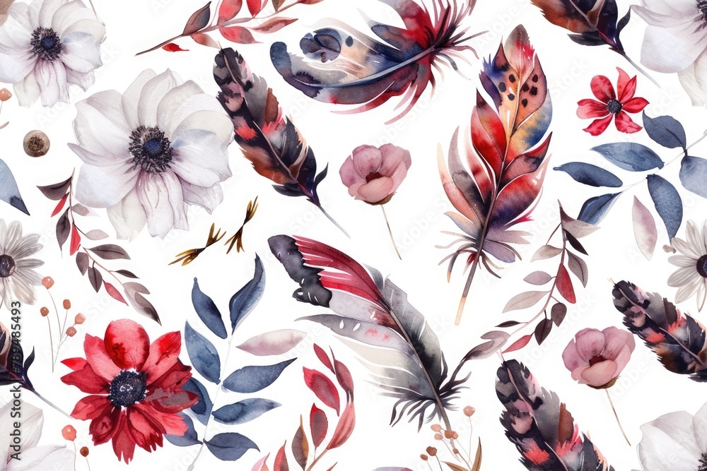 Poster beautiful pattern of flowers and feathers that can be used for various design projects
