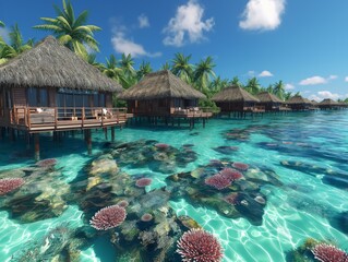 A tropical island with a beautiful blue ocean and palm trees. The water is clear and has a lot of coral and red sea anemones. The scene is serene and peaceful