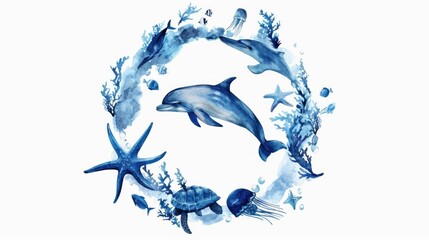 A dolphin swimming among various sea creatures. Suitable for marine-themed designs