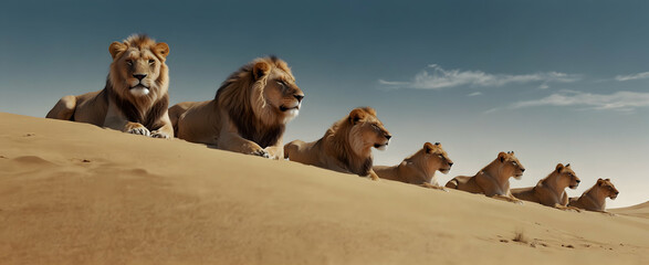 Dune Dynasty: A Regal Pride of Lions Resting on Sand Dune - 3D Icon in Close-up Small Animal Double Exposure Photo Stock Construction Concept