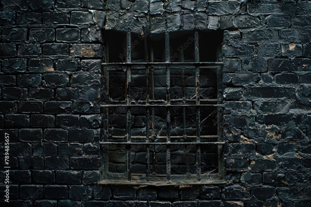 Poster image of a brick wall with a barred window. suitable for architectural or prison concepts