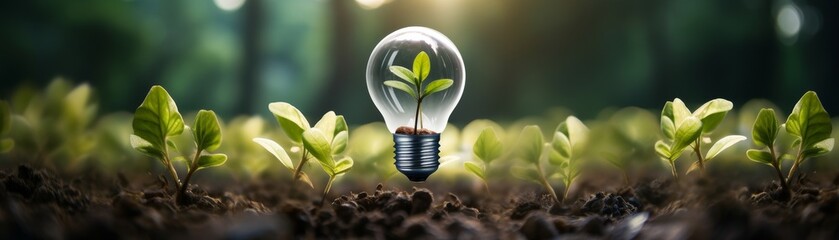 Light bulb growing out of the ground with green leaves. - obrazy, fototapety, plakaty