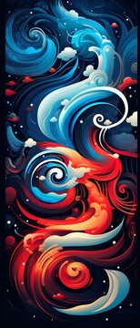 An abstract painting with vibrant red and blue colors.