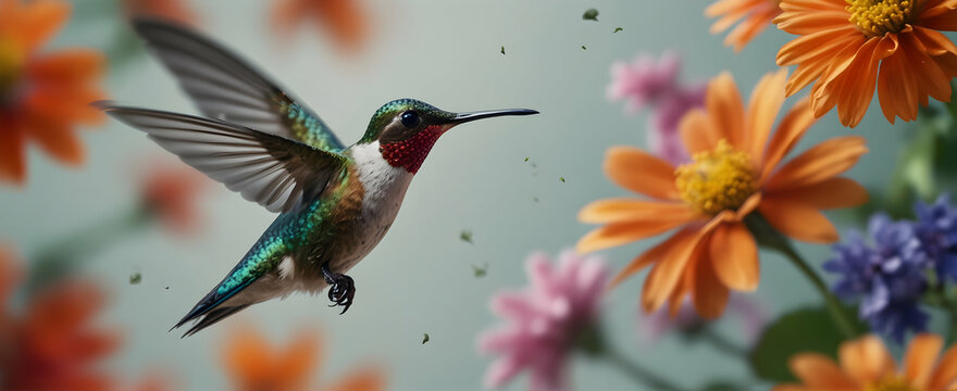 Nature Dance: 3D Icon of a Hummingbird Hovering Over Vibrant Flowers, Fluttering Petals in Small Animal Double Exposure - Stock Photo Construction Concept