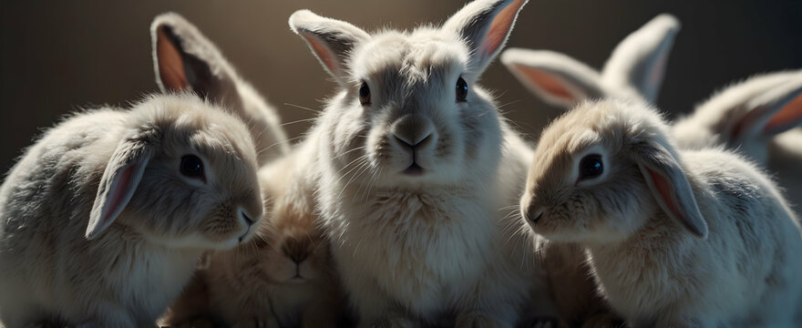 Furry Family Connection: 3D Icon of Rabbits Huddling Together in Close-up Double Exposure Photo - Stock Construction Concept