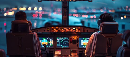 pilots in the cockpit of the passenger plane - obrazy, fototapety, plakaty