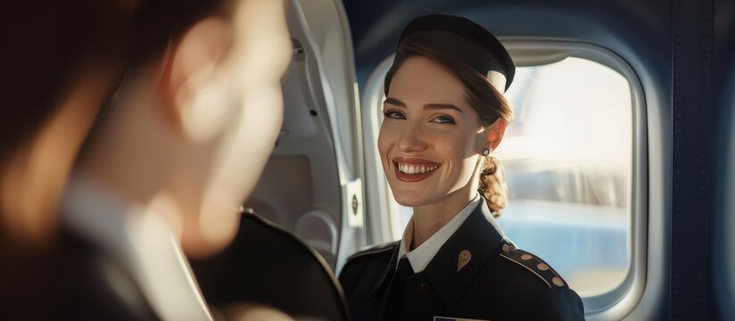 smiling stewardess on the passenger plane
