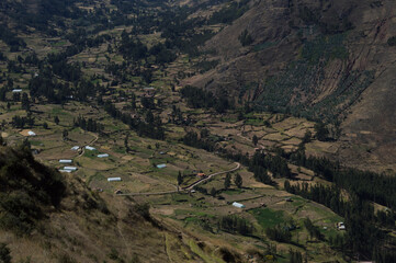 Part of the Sacred Valley of the Incas in the city of Pisac in Peru photographed from above - obrazy, fototapety, plakaty