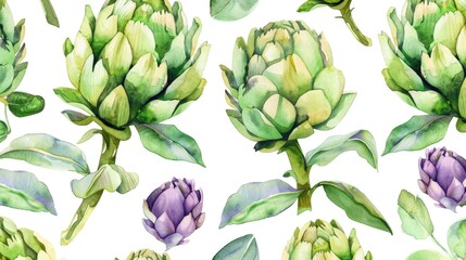 Watercolor painting of artichokes on white background. Suitable for kitchen decor
