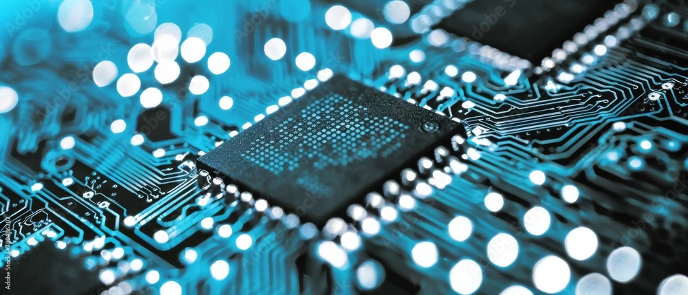 Poster The circuit board consists of electronic computer hardware components and a motherboard digital chip. Tech science background. Communication processor integrated. Information engineering components.