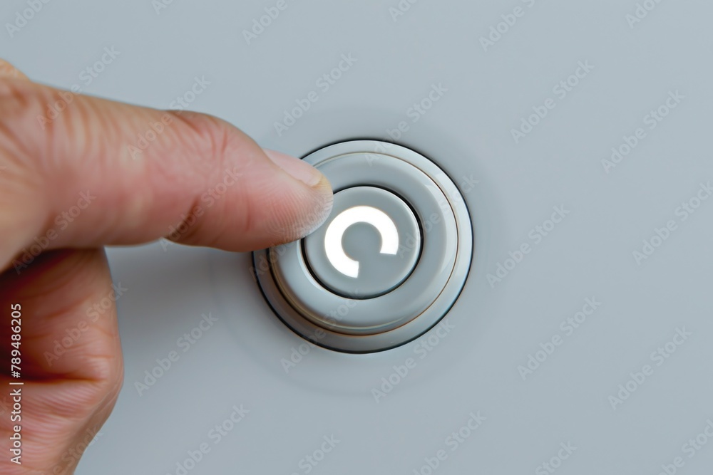 Poster a person turning a button on a plain white wall. ideal for illustrating concepts of technology or ho