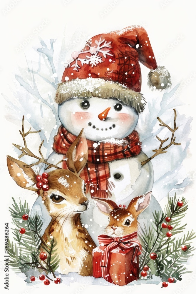 Poster A snowman and a deer standing in the snow. Suitable for winter-themed designs