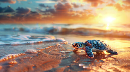 close up of a baby sea turtle is getting out of the water into the beach during sunset - obrazy, fototapety, plakaty