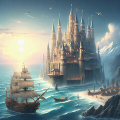 A fairy-tale ship majestically sails across the waves of the boundless sea, framed by clouds
