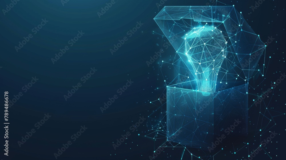 Leinwandbilder Symbol of open box with a light bulb. Idea of thinking outside of the box. Geometric background. Wireframe light connection structure. Modern 3D graphic concept.  illustration.