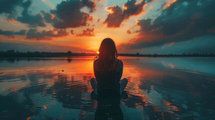 A woman sits in the water, looking at the sun as it sets. The scene is peaceful and serene, with the woman's reflection in the water adding to the calming atmosphere