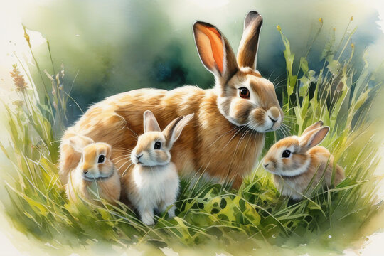 Rabbits. A family of rabbits on a green meadow. Spring flowers and green grass