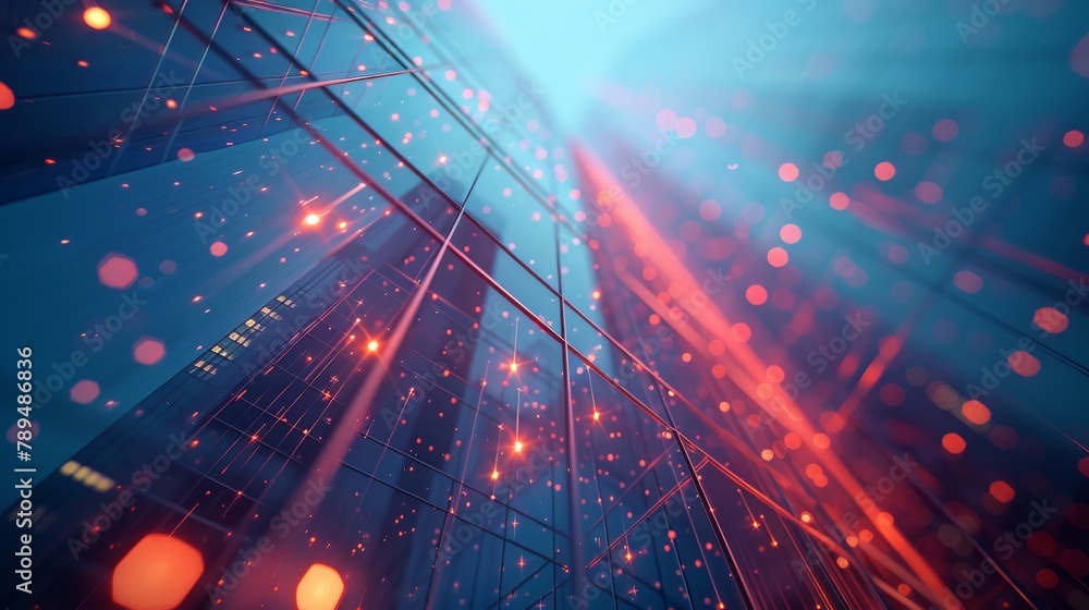 Aufkleber polygons, lines, particles, and connected dots depicting an abstract digital low angle view of skysc