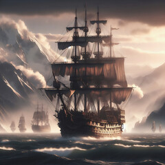 A fairy-tale ship majestically sails across the waves of the boundless sea, framed by clouds