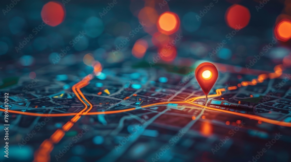 Poster The location of digital handhelds on a map with two pins. AI technology in general practices, innovation delivery, map locations, future transport logistics, route path concept. GPs point. New