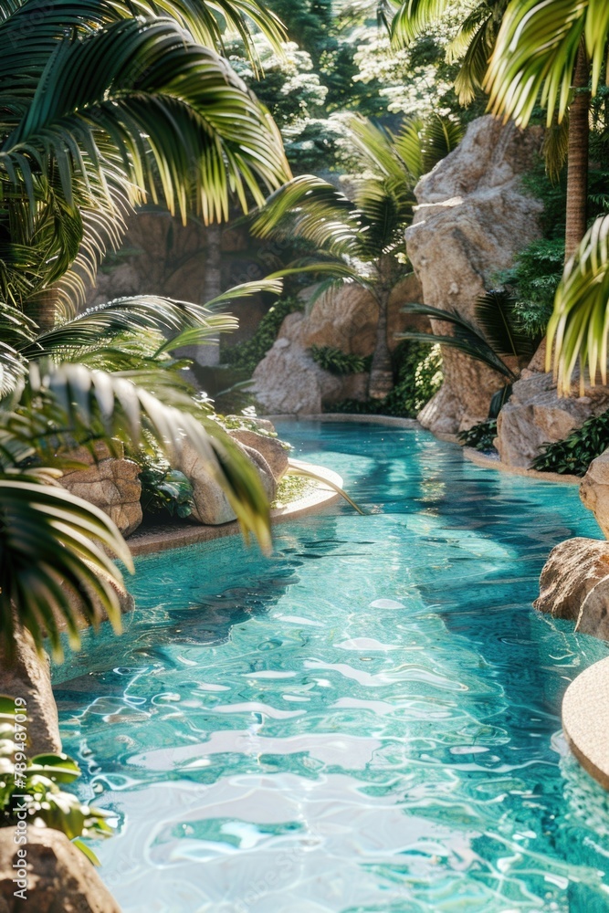 Poster a serene pool with a cascading waterfall, surrounded by lush palm trees. perfect for tropical vacati