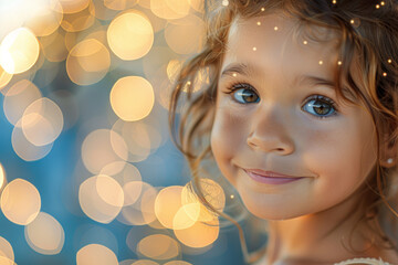 Fototapeta premium A young girl with brown hair and brown eyes is smiling at the camera. The image has a warm and cheerful mood, with the girl's bright smile and the soft lighting