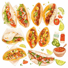 Three tacos with a variety of toppings including tomatoes, onions, and cilantro. The tacos are arranged in a way that makes them look appetizing and inviting