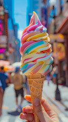 A person holding a rainbow ice cream cone. The scene is set in a busy city street with people walking around