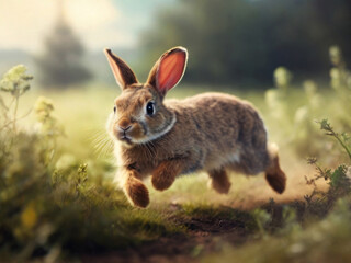Fototapeta premium The brown hare is running. Wild brown hare in the field. The brown hare escapes from danger.