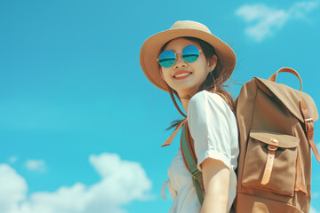 Smiling Female Traveler with Backpack and Sunglasses Against Blue Sky: Wanderlust Adventure