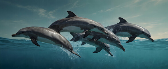 Aquatic Amity: A Pod of Dolphins Displaying Harmony in a Double Exposure Close-Up Photo