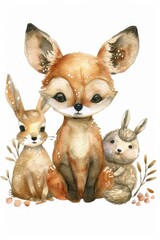 Naklejka premium A charming watercolor painting of a fox and two bunnies, perfect for children's books or nature-themed designs