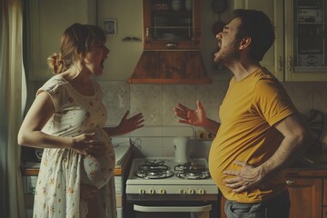 Family conflict. Young family. A pregnant woman and a man quarrel at home, shouting. They stand at home in the kitchen, Generative AI - obrazy, fototapety, plakaty