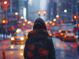 A person is walking down a city street in the rain, with cars and traffic lights in the background....