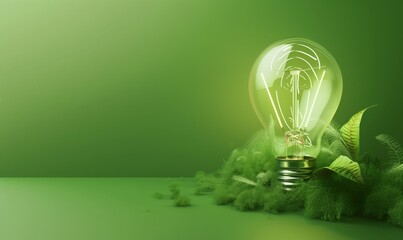 Renewable Energy. Environmental protection, renewable, sustainable energy sources. Green world map on the light bulb on green background