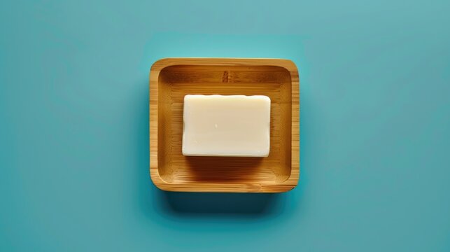 Square soap on wooden plate, versatile image for hygiene and beauty concepts