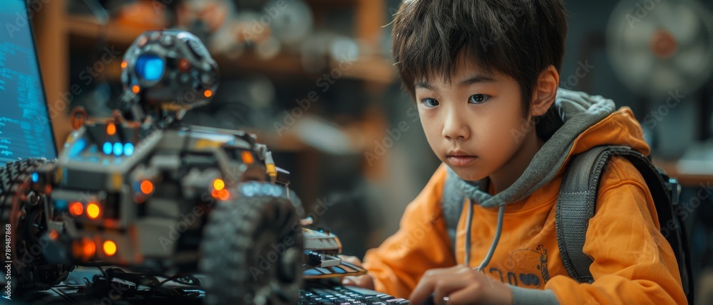 Fototapete An Asian teenage student constructs a robot arm and a robotic car using computers and coding. It is part of a STEM education project using robotics technology and coding.
